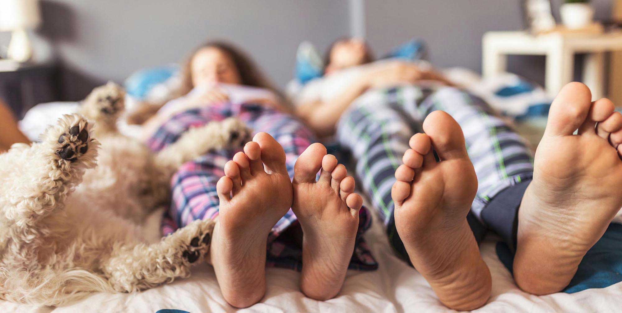 Couple and a dog laying in bed with their feet showing